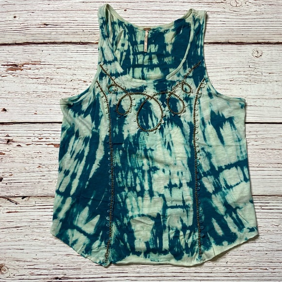 Free People Everything Zen Teal Tie Dye Beaded Tank Top Sz S - Picture 5 of 14